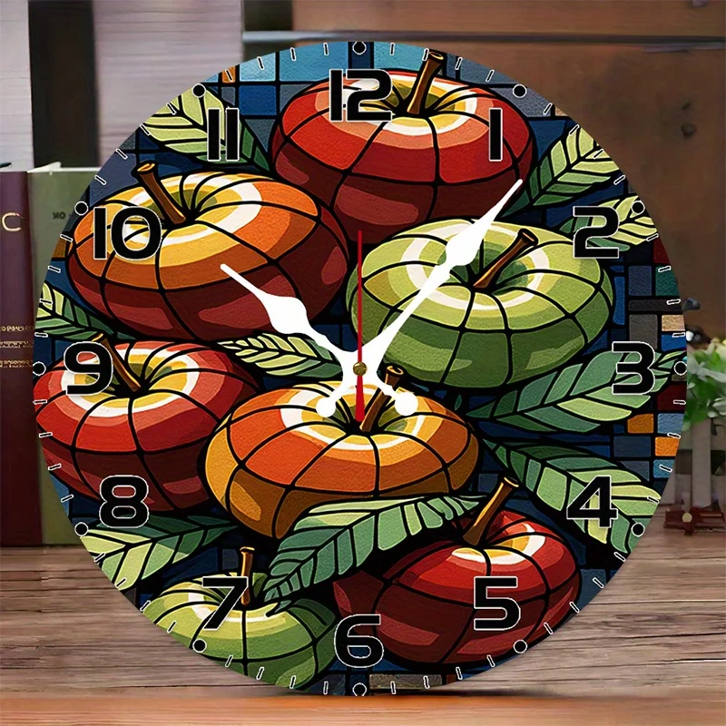 Apple Oil Color Theme 10-Inch Round Silent Wall Clock - Vibrant Red & Green Apple Design, Wood Veneer, Battery Operated (AA Not