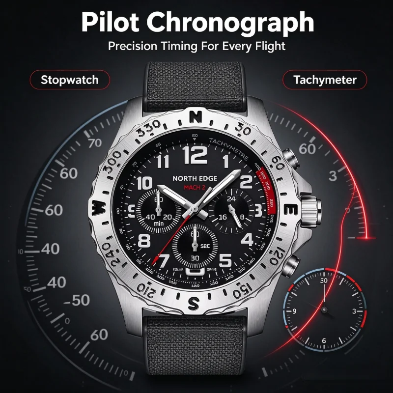 NORTH EDGE MACH 2 Men Pilot Solar Quartz Watch 316L Stainless Steel 50M Waterproof Stopwatch Sports Wristwatch Reloj Hombre