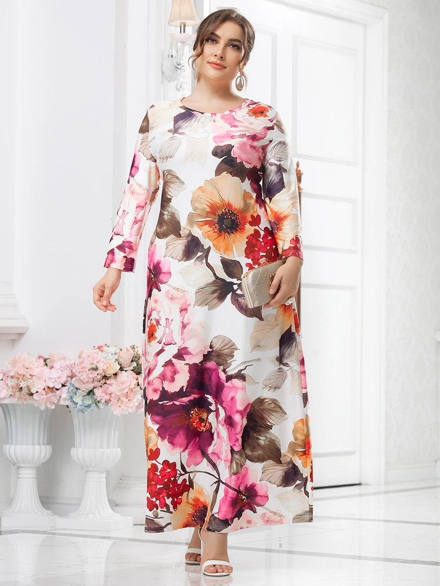 5XL Plus Size White Dress Woman Spring Autumn Long Sleeve Floral Print Casual Dress Curvy Size Maxi Long Dresses