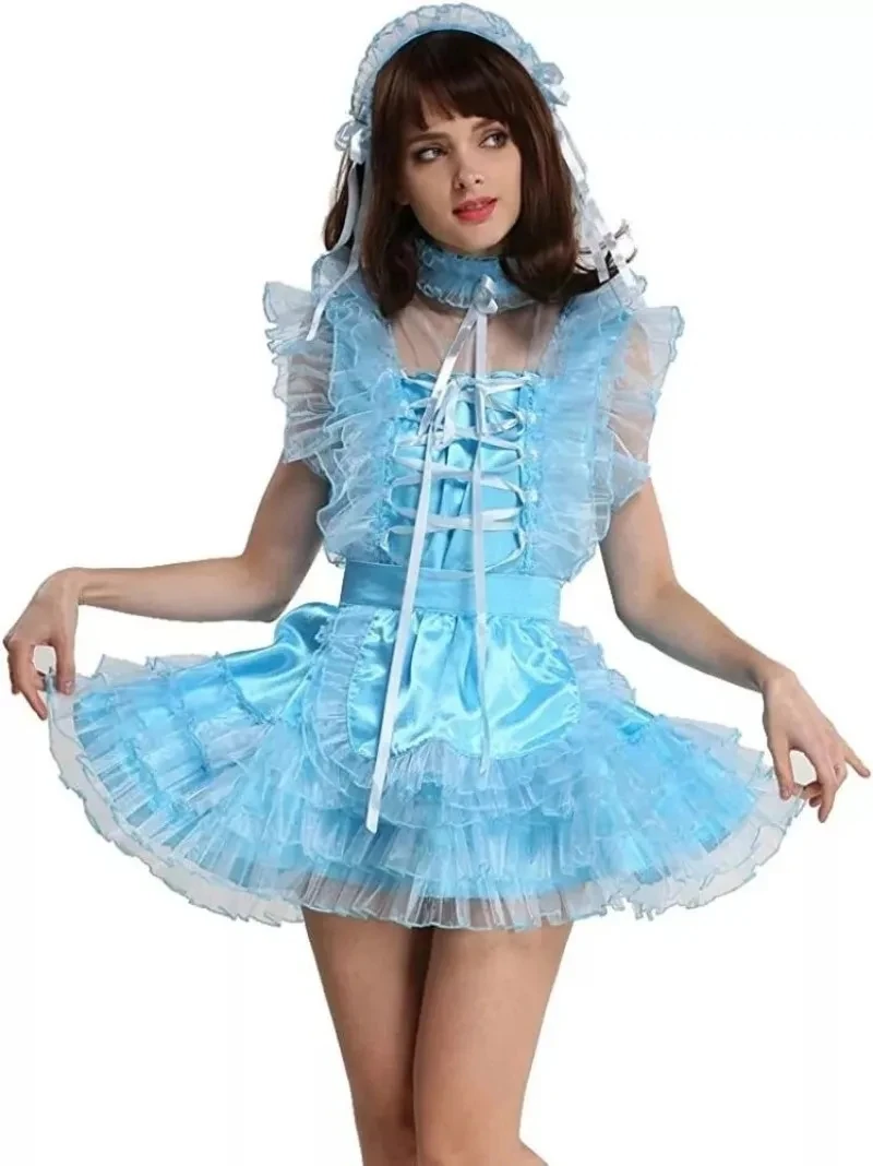 Sissy Girl blue satin lockable dress French maid cosplay costume Tailor-made