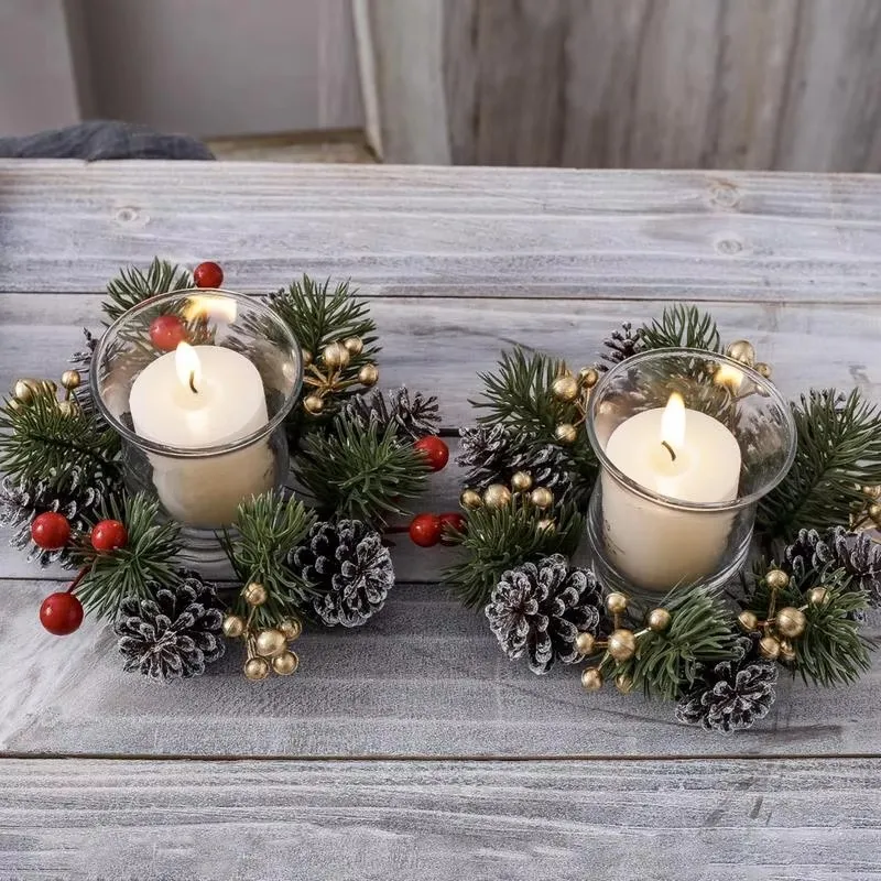 Christmas Candle Rings Wreaths Red Berry Wreath Candle Ring Eye-Catching Candle Holder Rings For Dinner Table Mantel Shelf Door