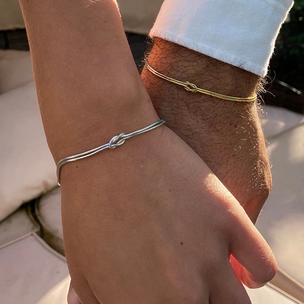 2PCS Simple Metal Love Knot Couple Bracelet Set for Unisex Women Men Fashion Best Friend Gift Bracelets Minimalist Arm Jewelry