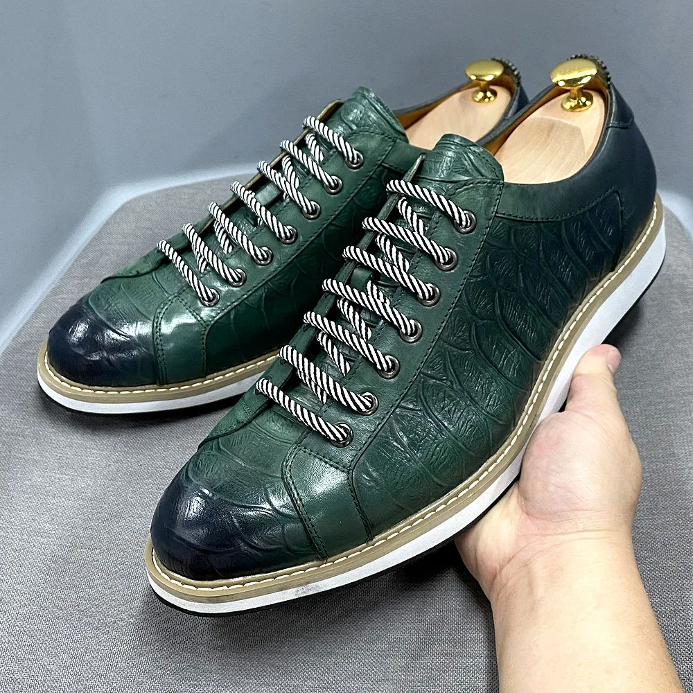 Classic Mens Casual Shoes Genuine Leather Lace-Up Fashion Sneakers Luxury Brand Alligator Print Street Travel Flat Shoes for Men