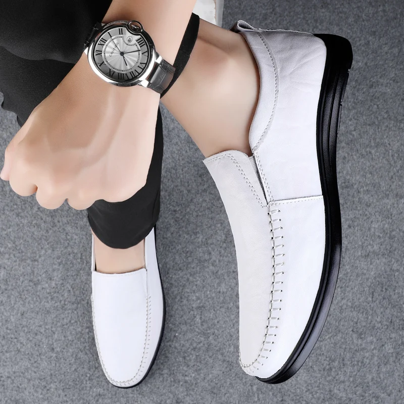 

Spring New Men Comfortable Round Headed Cowhide Loafers Fashionable Brand Men Outdoor Soft Soled Casual Anti Slip Driving Shoes