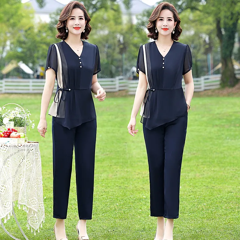 Spring Summer Elegant 2 Piece Pant Sets Women V-neck Tops & Pants Outfits Fashion splicing Workwear Pant Set