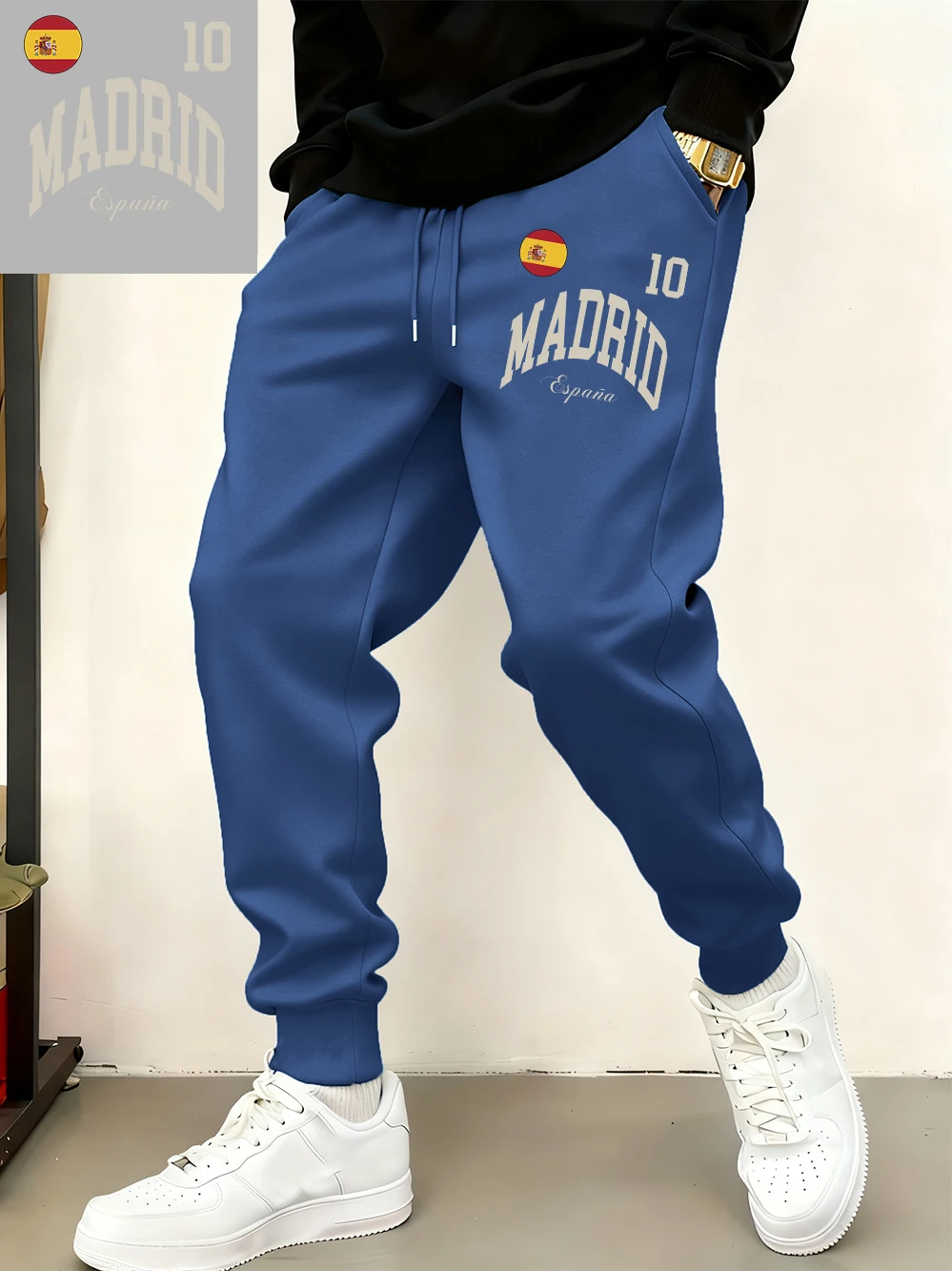 

Madrid España Flag Printing Sweatpants Mens Basics Pocket Jogger Pants Casual Fleece Warm Loose Trousers Winter Male Clothes
