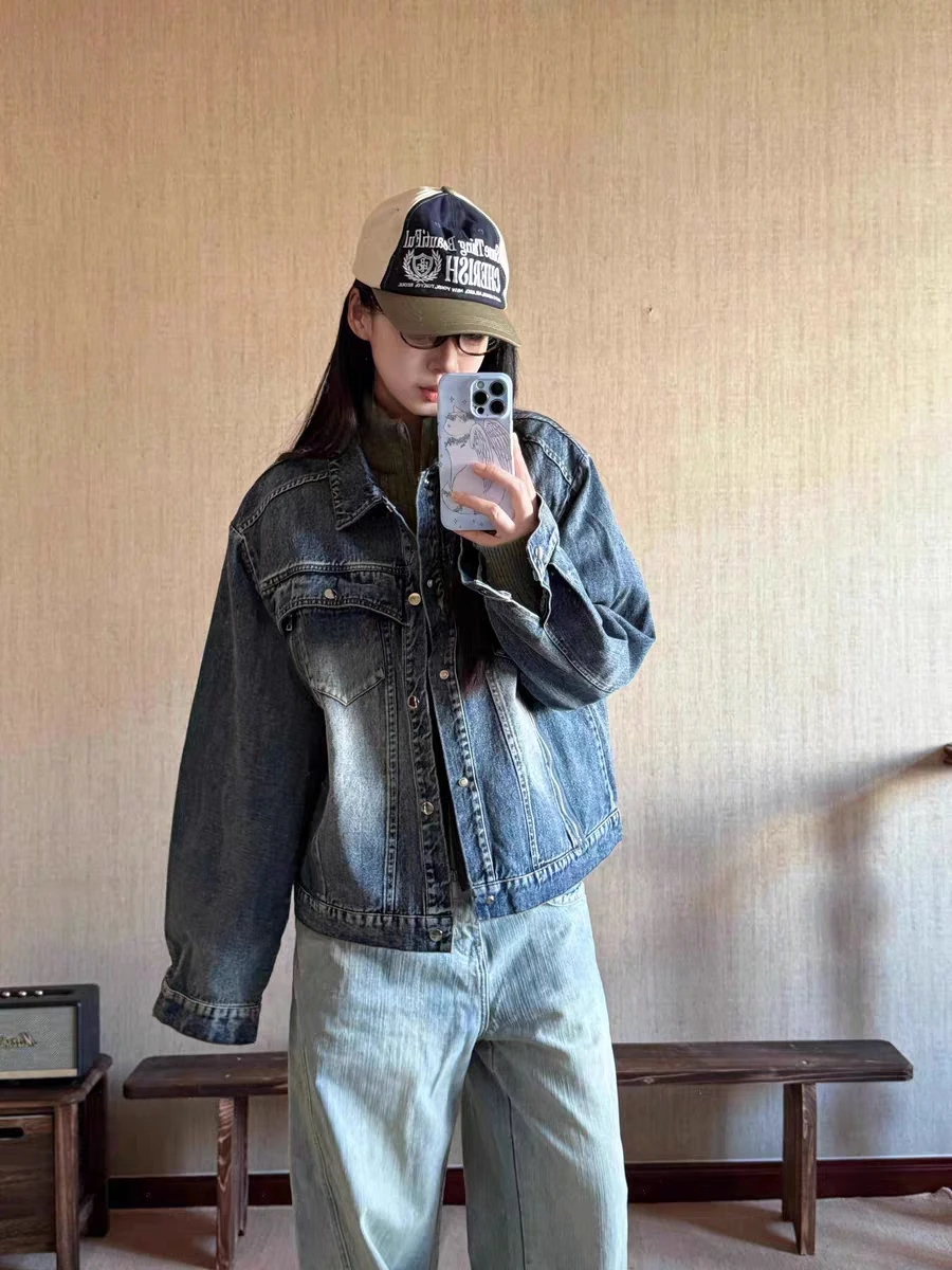 

Retro American Double Zipper Design Denim Jaet ex Casual Waed ort Jaet Youth Trend Autumn Wear Resistant Cotton P...