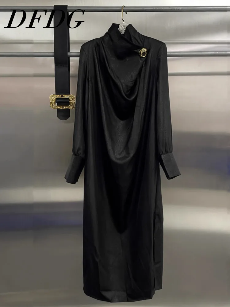DFDG 2025 فستان عمل أنيق للنساء لربيع وصيف بأكمام طويلة وربطة عنق وأزرار ذهبية عالية الخصر فستان حفلات الزفاف للضيوف #1