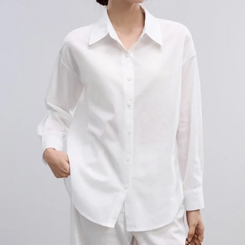 

Spring Summer Vintage Linen White Women's Blouse 2025 Long Sleeve Turn-down Collar Korean Casual Loose Office Lady Shirts Female