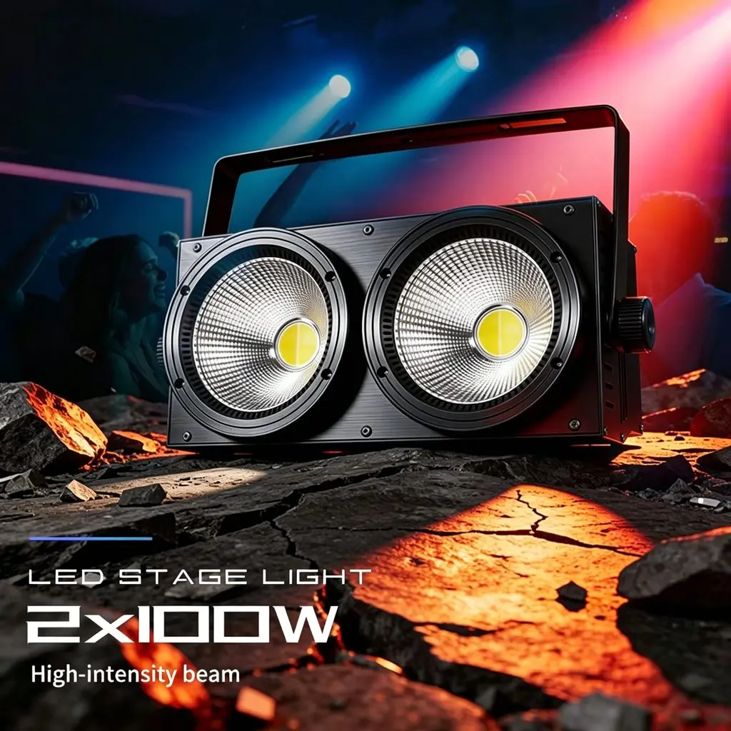 Faro LED COB a 2 occhi da 200W, 2x100W, bianco freddo e caldo, DMX512, luce stroboscopica per pubblico, illuminazione scenica per studio TV, chiesa, teatro, discoteca, DJ, bar, feste, matrimoni,