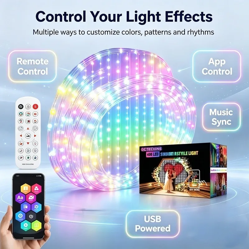 Smart RGB Curtain Fairy Lights, 400 LED Bluetooth App Control with DIY Pattern Display for Home Decor