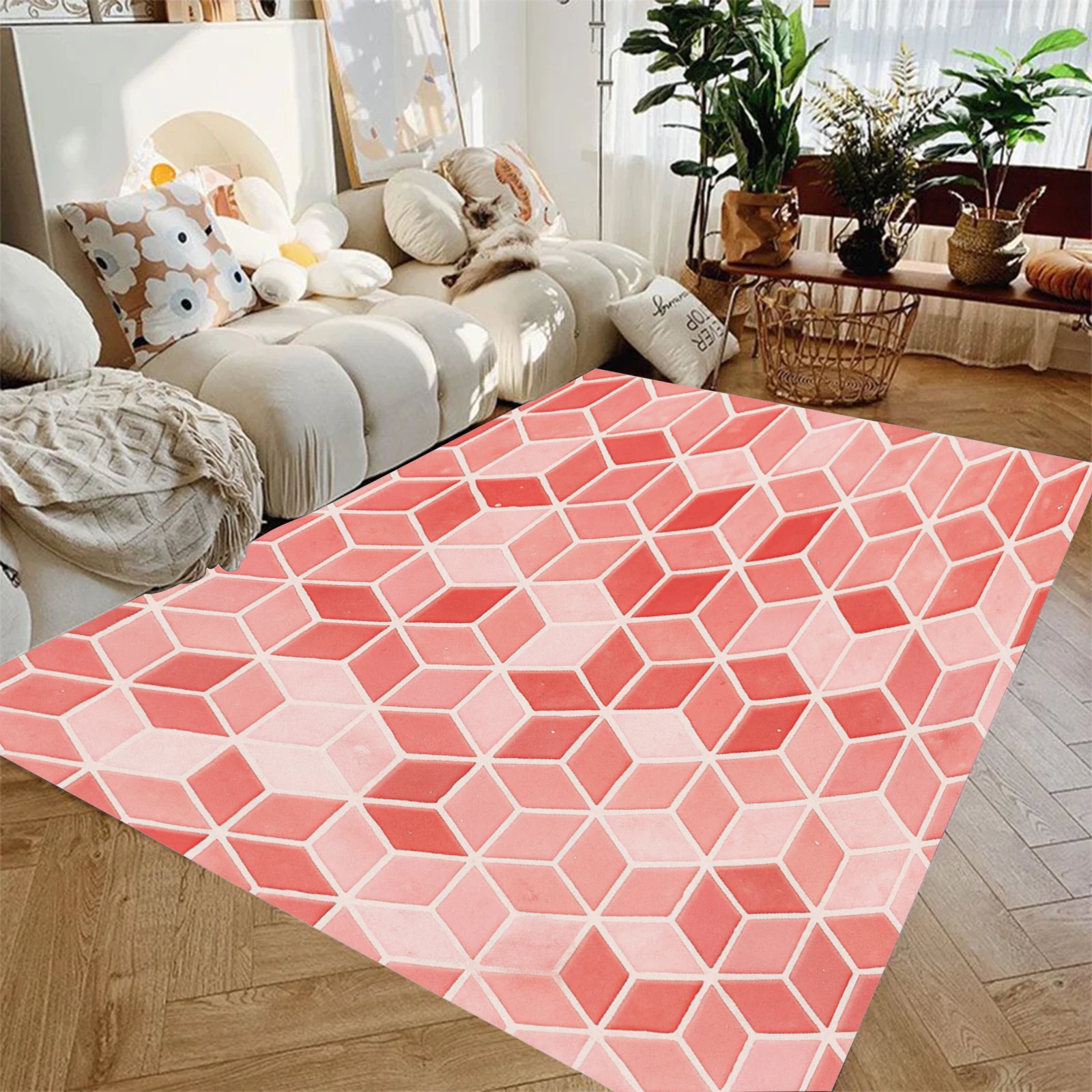 

1pc Carpet Pink Geometrical Pattern Printed Living Room Bedroom Decoration Non-slip Mat Surface Soft Oversized Carpet ﻿for Gift