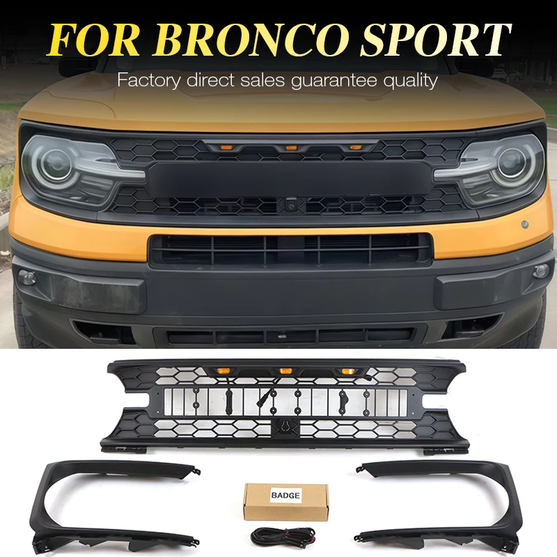 

Front Radiator Grille With light Bar Fits For 2023 Ford Bronco Sport Matte Black Racing Grill