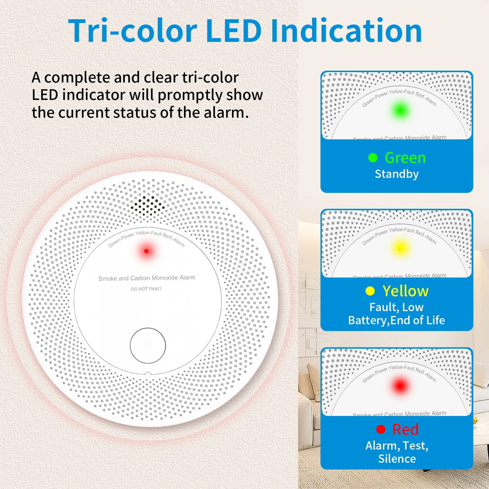 10-Year Battery Combination Smoke Carbon Monoxide Alarm Detector (Standalone)，2-in-1 Dual Sensor