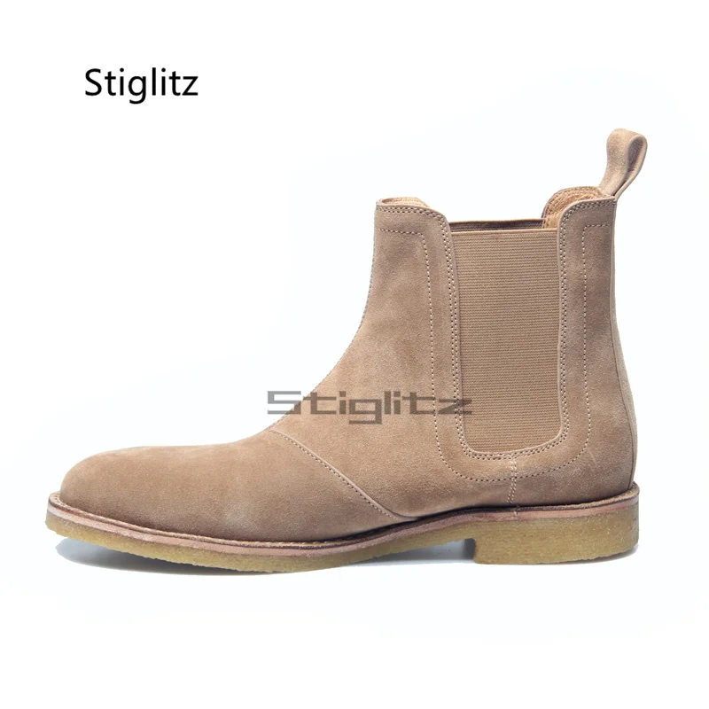 Herren-Chelsea-Stiefel aus Wildleder mit runder Spitze, britischer Stil, Stiefeletten für Herren, Business-Kleid, elastische Stiefel, Slip-on-Männerschuhe