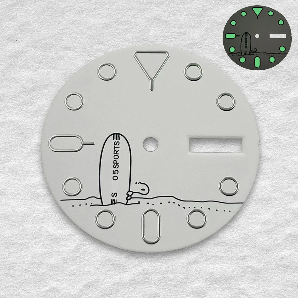 28.5mm s logotipo filhote de cachorro dial adequado para nh36 movimento automático relógio dos desenhos animados filhote de cachorro verde acessórios de modificação luminosa