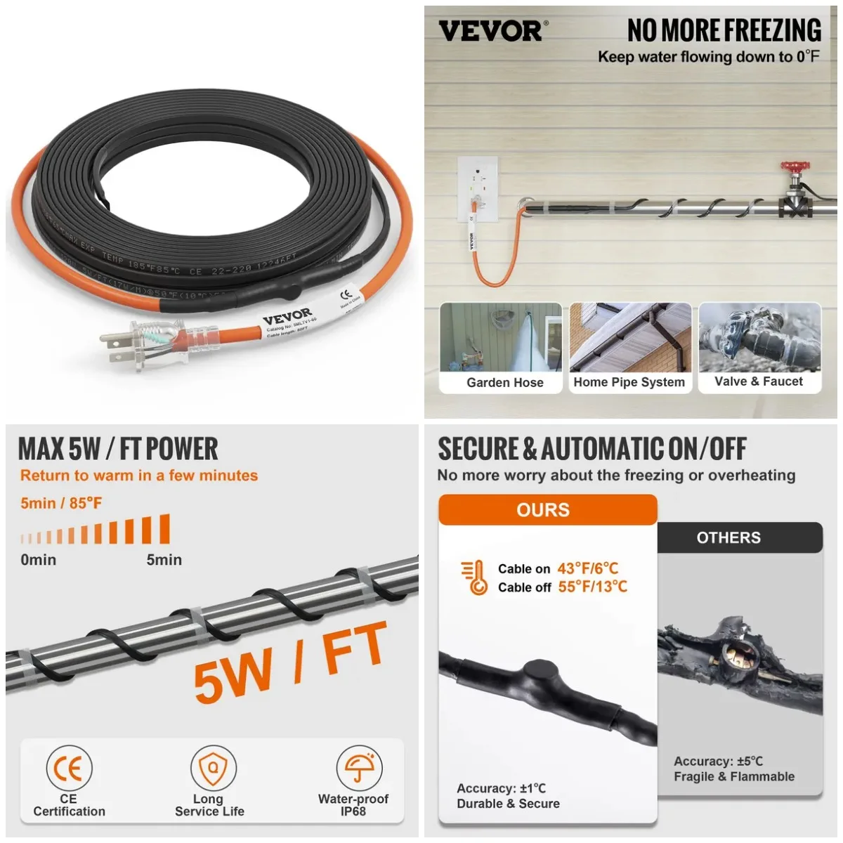 شريط حراري أنبوبي بطول 60 قدمًا و5 وات/قدم لحماية التجميد، 120 فولت #1