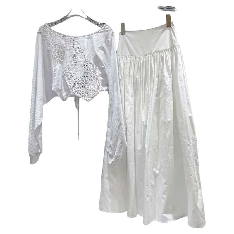 

Милая ажурная футболка и длинная юбка с высокой талией, женский комплект Faion Ensemble, осень 2021, топ на шнуровке с цветочным принтом, комплект бота