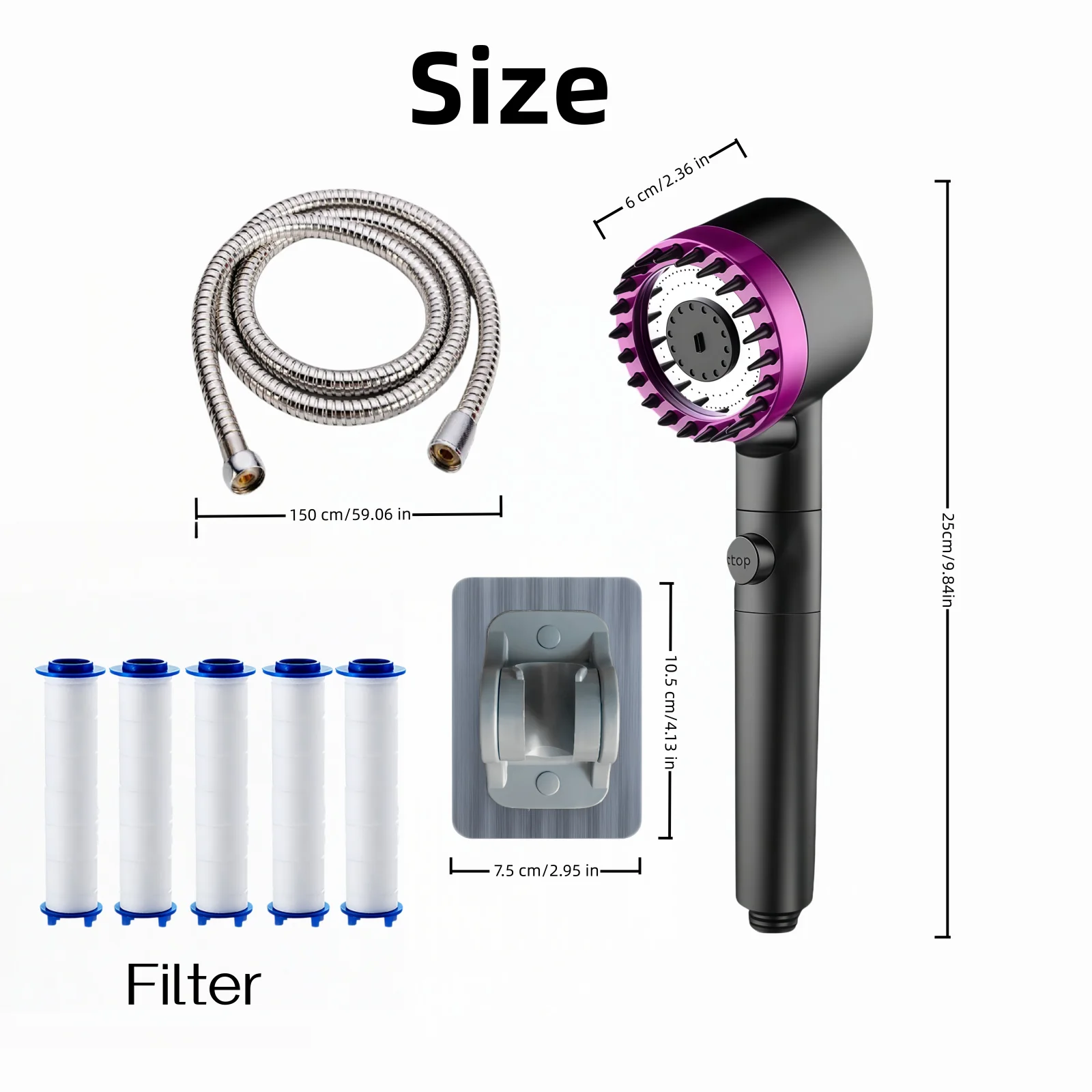 

8PCS Black Purple High Pressure Water Saving Shower Head Set 3 Modes Adjustable with 5 Filter Cartridge Hose No Drill Bracket