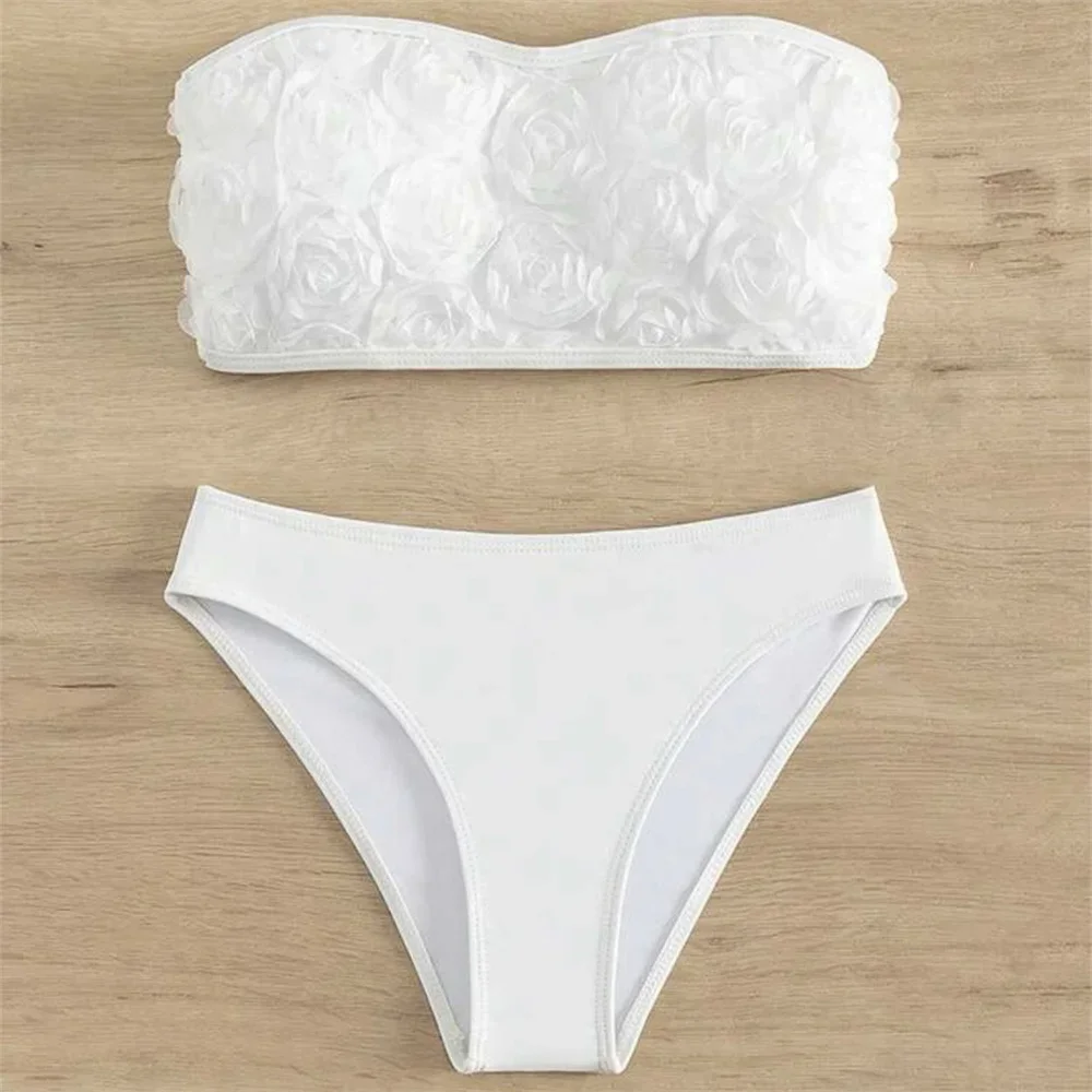 Witte Bloem Bikini Bandeau Badmode Push-Up Badpak Gebloemd Badpak Vrouwen 2 Stuk Strandkleding Vakantie Outfits Tanga Biquini