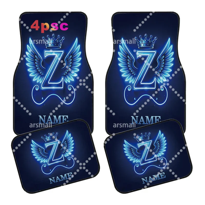 4pcs Customizable Name Car Floor Mats With Crown And Neon Wing Letter Z, Personalized Design Print - Easy-to-Clean Car Interior