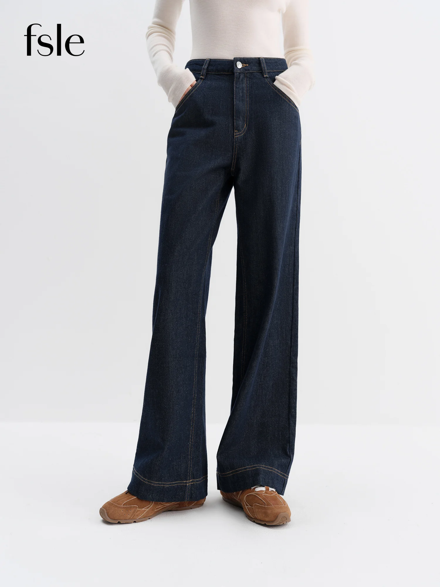 FSLE Straight High Waist Jeans for Women Winter Solid Simple All-match 2025 New Long and Short Versatile Pants Korean Style