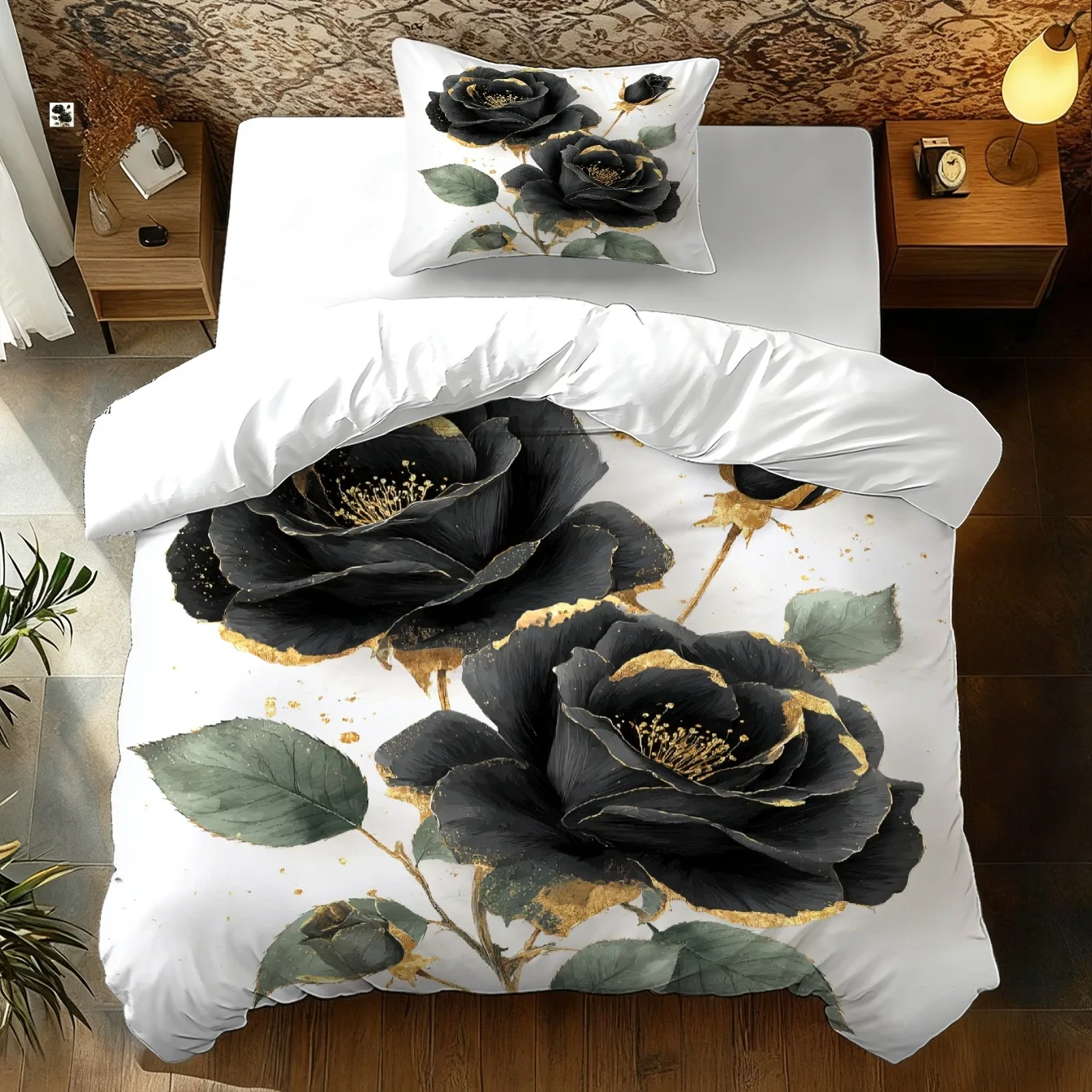 White Duvet Cover Set with Black Rose Golden Print Comfortable Bedroom Home Decor Bedding Collection