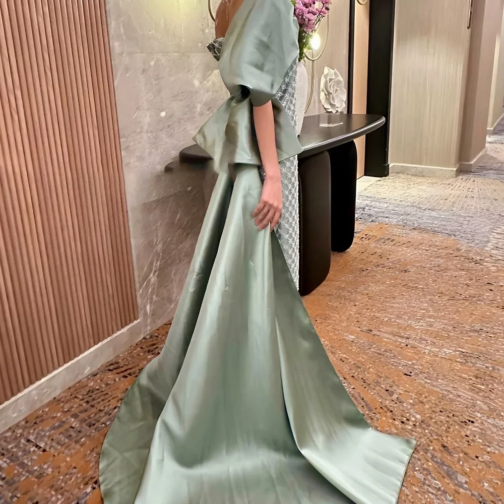 Customized Temperament One Shoulder Satin Evening Dresses Modern Straight Floor Length Short Sleeves Custom Size платье вечернее