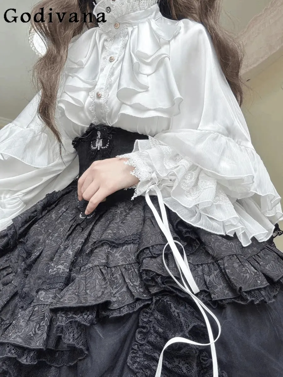 

2026 New Japanese Lolita Gothic Style Versatile Inner Top Dark Lolita Girl's Gorgeous Heavy Craft Batwing Sleeve Shirt