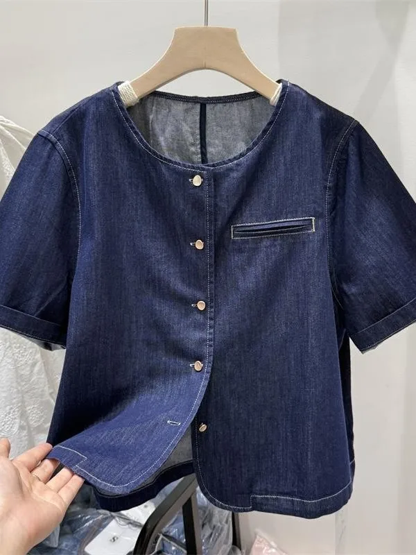 

plus Size 300 Pounds Women's Denim Short Sleeve Shirt Thin Design Summer Slimming Outerwear Korean Style Casual round Neck