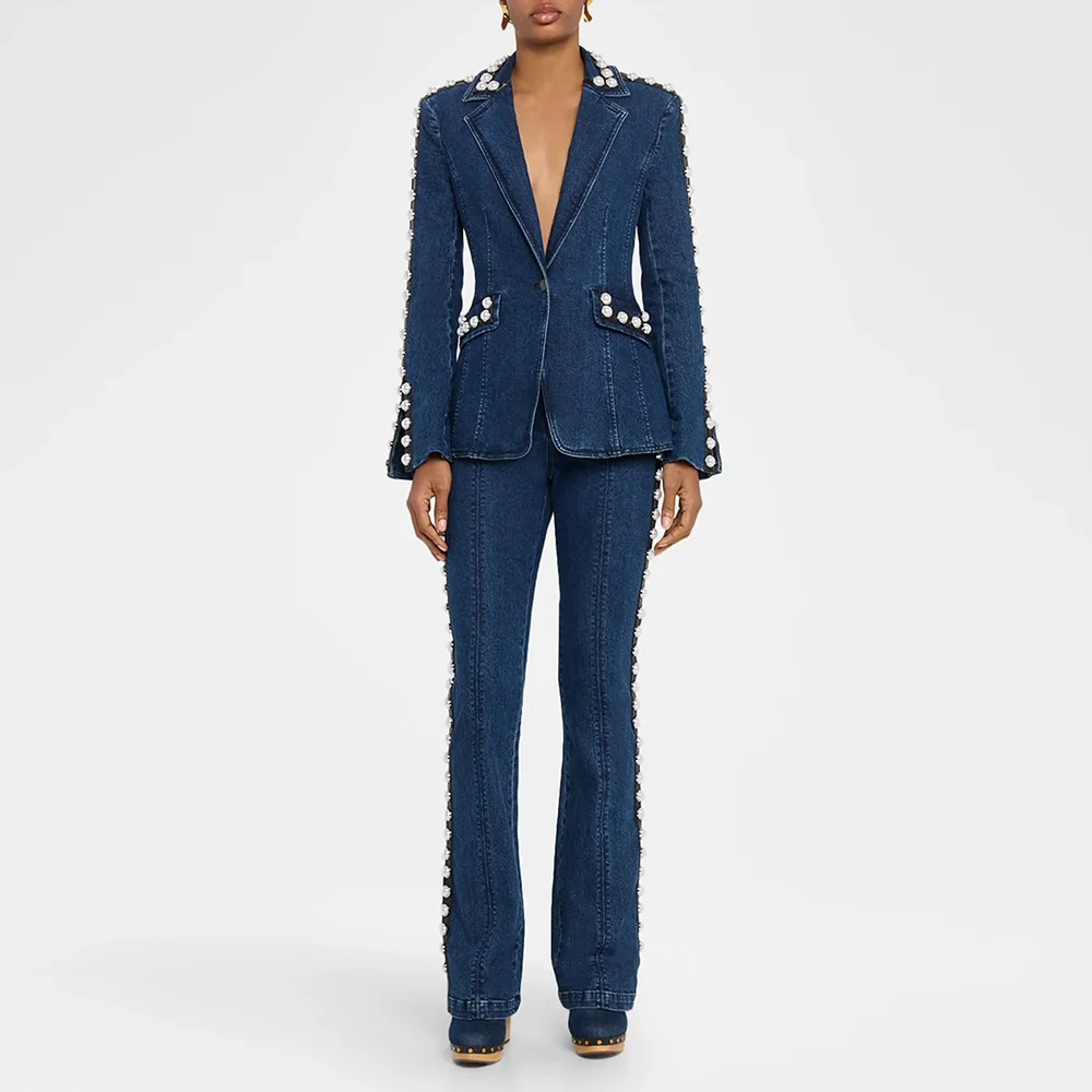 HIGH STREET Newest 2026 Runway Designer Suit Set Women's Career Style Single Button Washed Denim Beaded Blazer Long Pants Suit