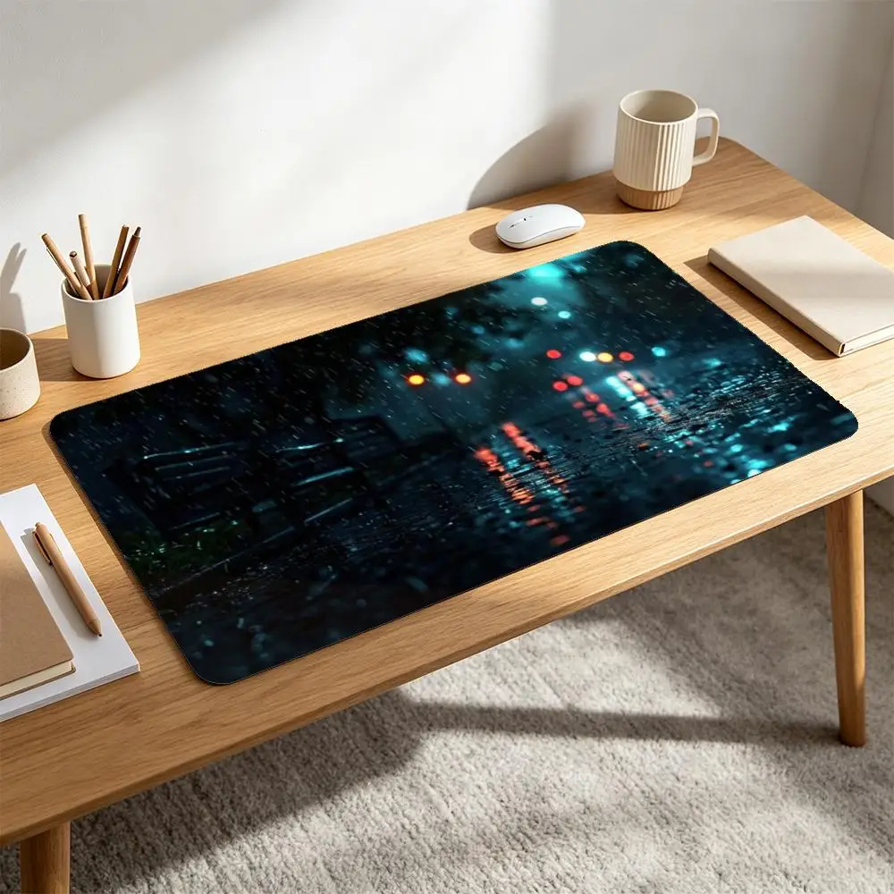 Cinematic Rainy Night XXL Desk Pad Moody Dark Wet Road Glowing Bokeh Neon Reflections Park Bench Silhouette Rain Drops Blue Red
