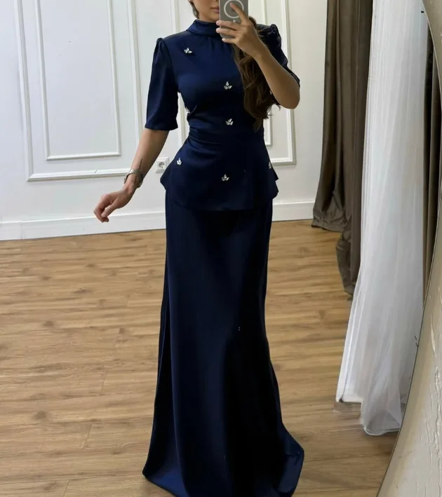 Customized High Collar Floor Length Beaded Half Sleeves Blue Wedding Party Dresses Vestidos Para Bodas Mujer Invitada Платье