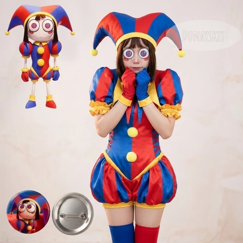 Pomni Badge Red Blue Split Jester Outfit With Bell Ornaments Hat Gloves Cosplay Costumes ADC Halloween Voluminous Puff Sleeve