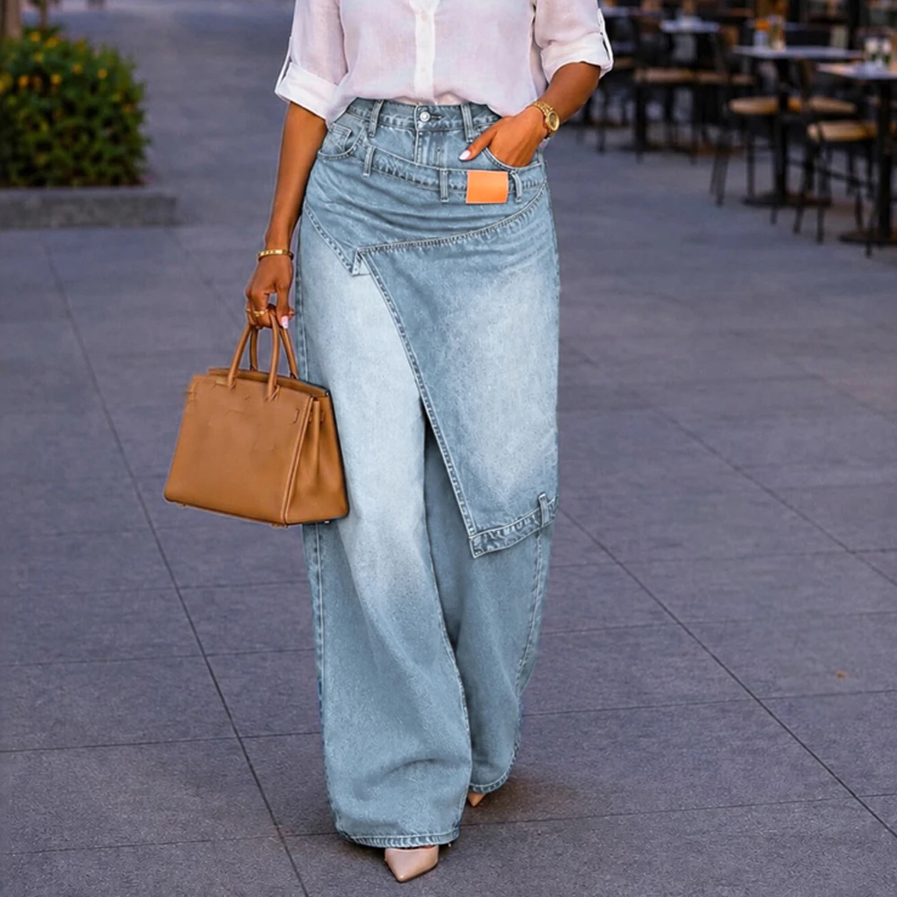 JENYAGE Damen Trendige Einzigartige Asymmetrische Wickel-Jeans mit Hoher Taille und Weitem Bein, Dekorative Riemen, Streetwear Baggy Hosen – Detail 5