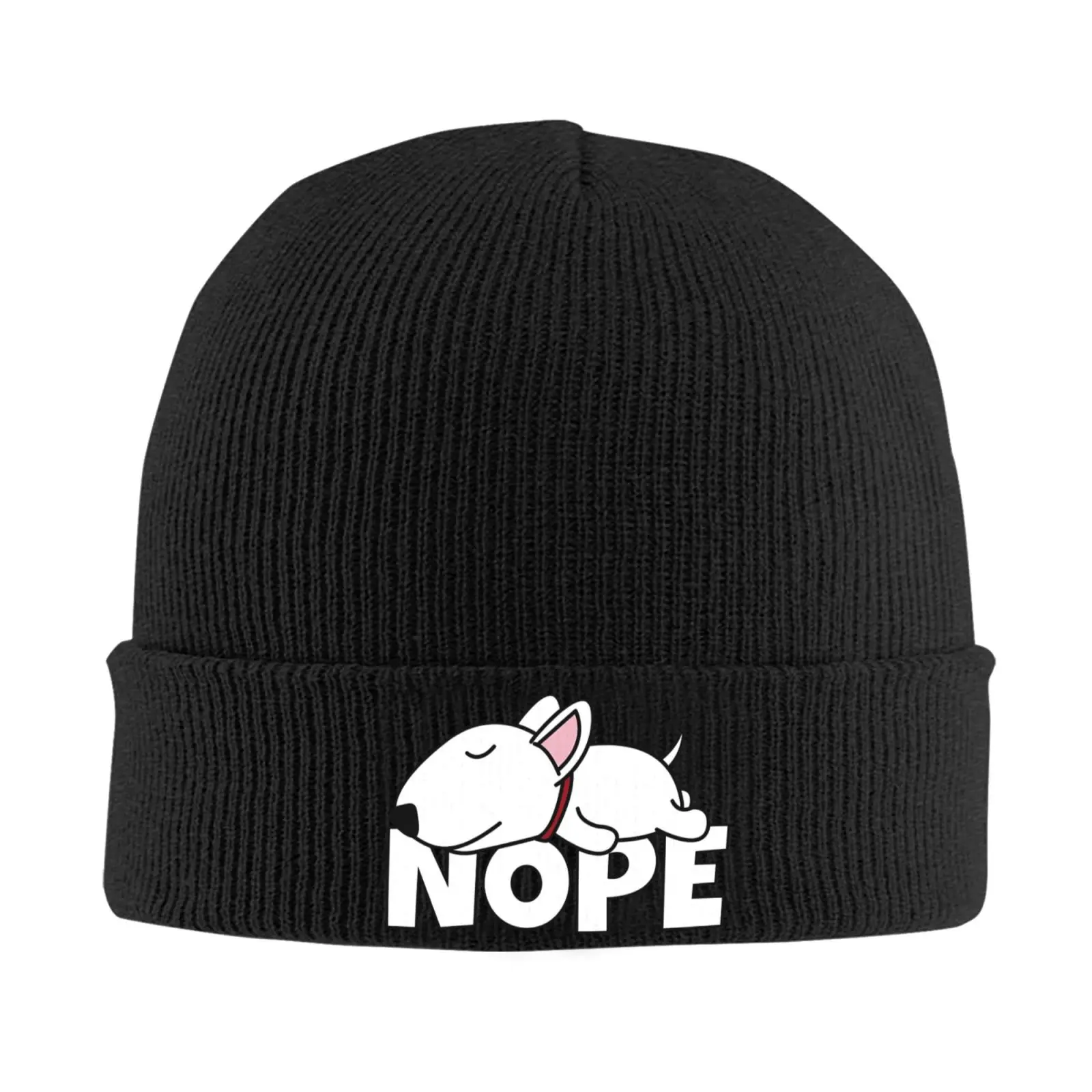 Nope Lazy Bull Terrier Dog Print Cuffed Knit Beanie One Size Winter Warm Skull Cap Unisex Knitted Hat