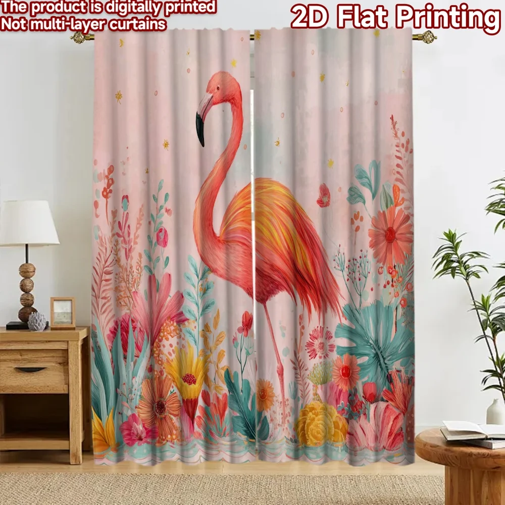 2D flat 2pcs Curtain Modern Minimalist Style Curtains Tropical Flamingo Flowers Digitally printed polyester, colorfast Party