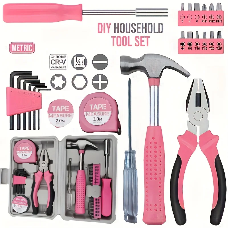 24-Piece Pink Home Tool Kit with Hammer, Pliers, Screwdrivers, Wrench & Tape Measure, Portable Case for DIY Repairs