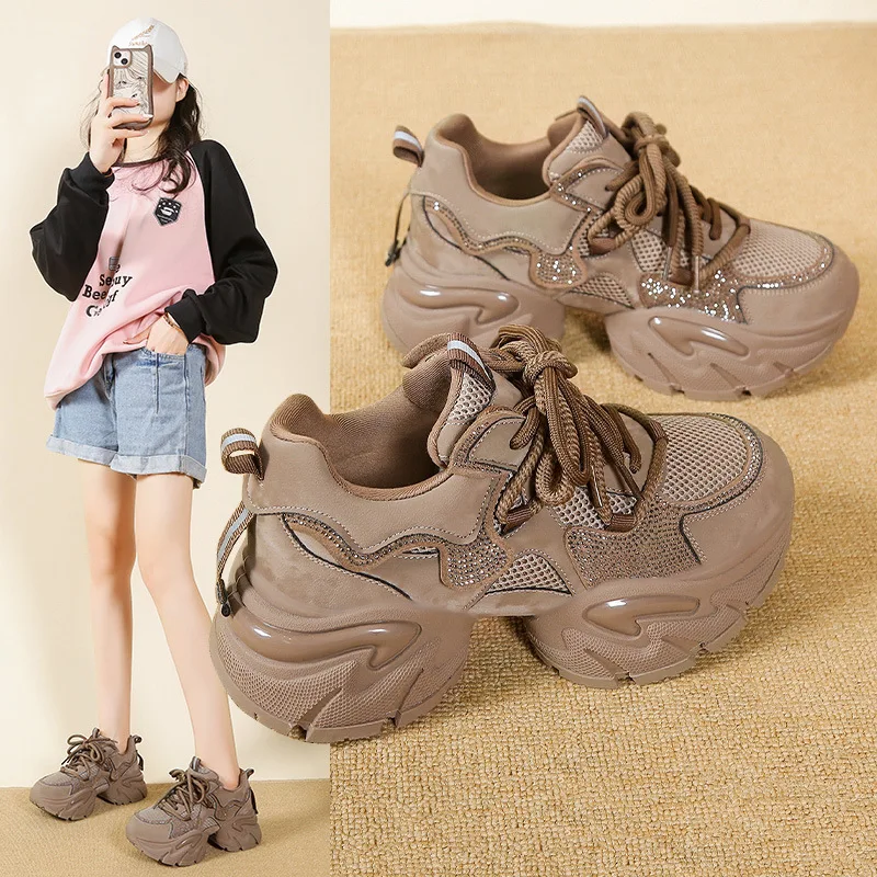Women's Dad Shoes 2025 Autumn Winter New Style Breathable Mesh Thick Bottom Casual Sports Shoes High Help Net Surface