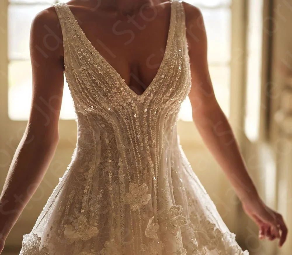 Customized Exquisite Wedding Dresses 2025 Lace Short Bridal Gowns V Neck Bride Dresses Back Out Beading Wedding Gowns Sequined image 3