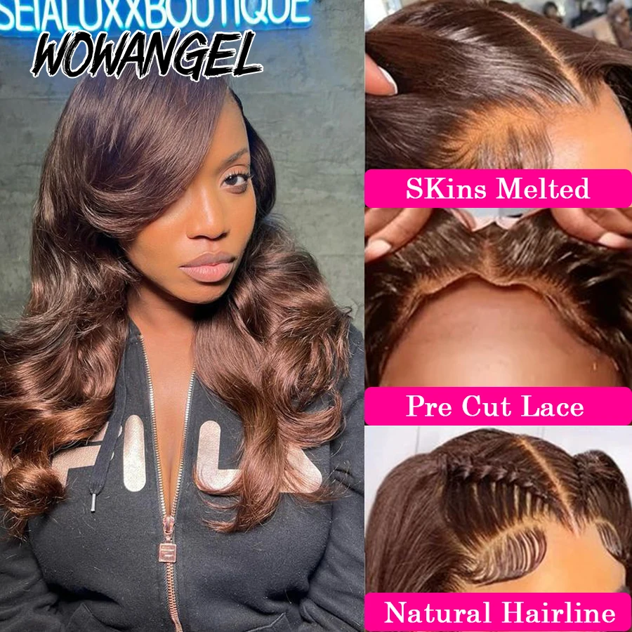 WowAngel Pre Cut 9x6 HD Lace Closure Glueless Wigs 34in Chocolate Brown Body Wave Wigs Human Hair Wigs Ready to Go For Woman