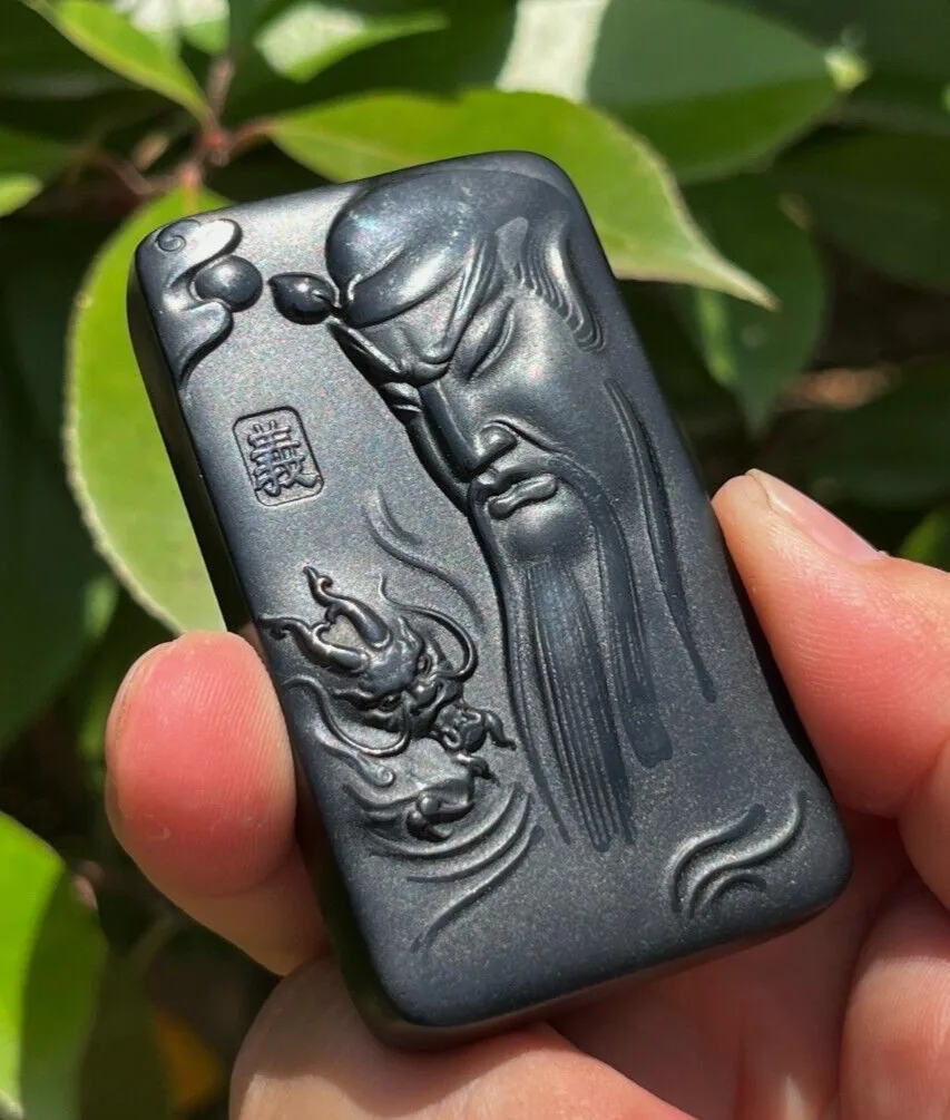 

CERTIFIED 92.8g 100% NATURAL HOTAN BLACK JADE HAND CARVED GUAN YU PENDANT