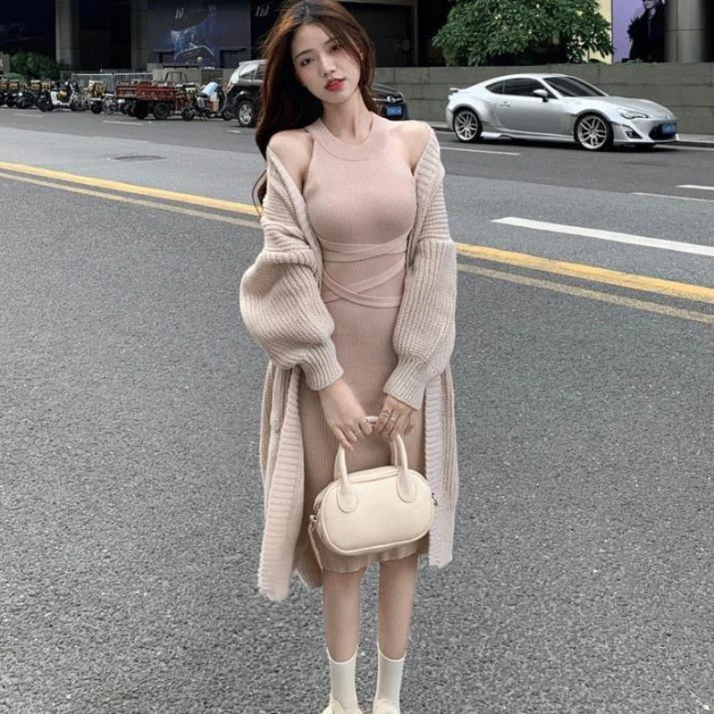 2022 Autumn Winter New Relaxed Knitted Long Sleeve Dress Knitted Sweater Coat Two Piece Set Elegant Women's Dress Female