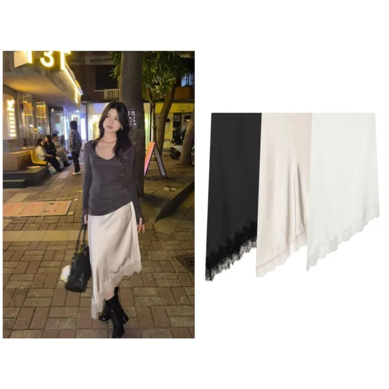 الدانتيل الساتان محكم تنورة المرأة الخريف الشتاء منتصف الخصر غير المتماثلة هيم التباين خياطة تنورة دانتيل تنورة الموضة غير رسمية   ﻿