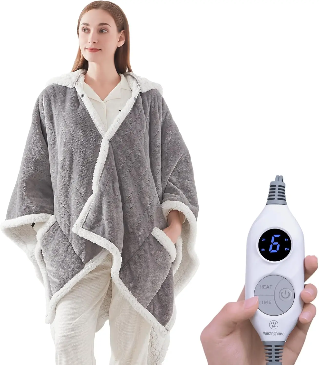 

Electric Heated Poncho Blanket with Pockets, 6 Heat Levels & Timer, Light Grey, 50x60 Inch