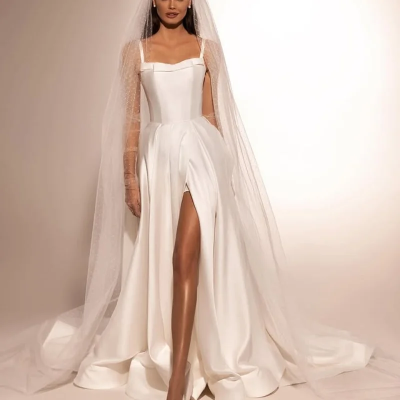 

Customized Satin ivory Ball Gown Royal Wedding Dresses Tull Long tail sequin vent Made Robe De