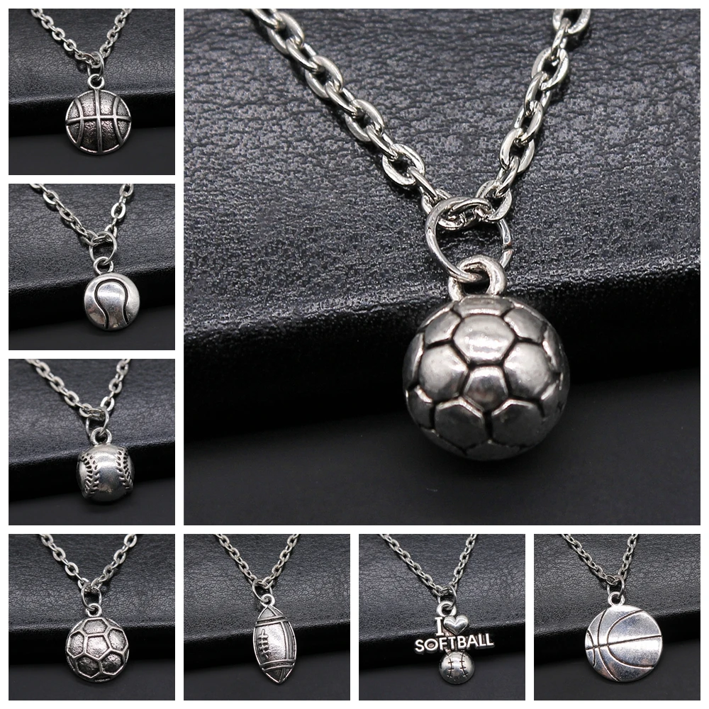 Vintage Antique Silver Color Sport Jewelry Necklace Volleyball Soccer Basketball Baseball Pendant Necklaces Metal Chain Gift