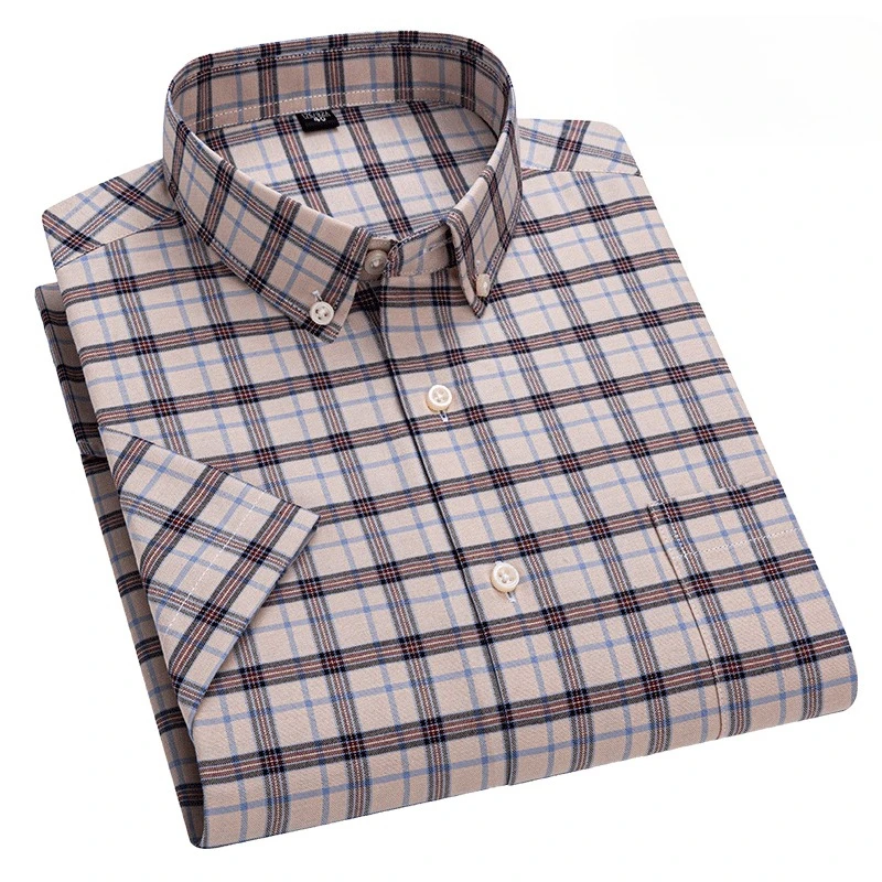 summer 100%cotton oxford plaid short sleeve shirts for men slim fit casual shirt soft single pocket designer elegant clothes