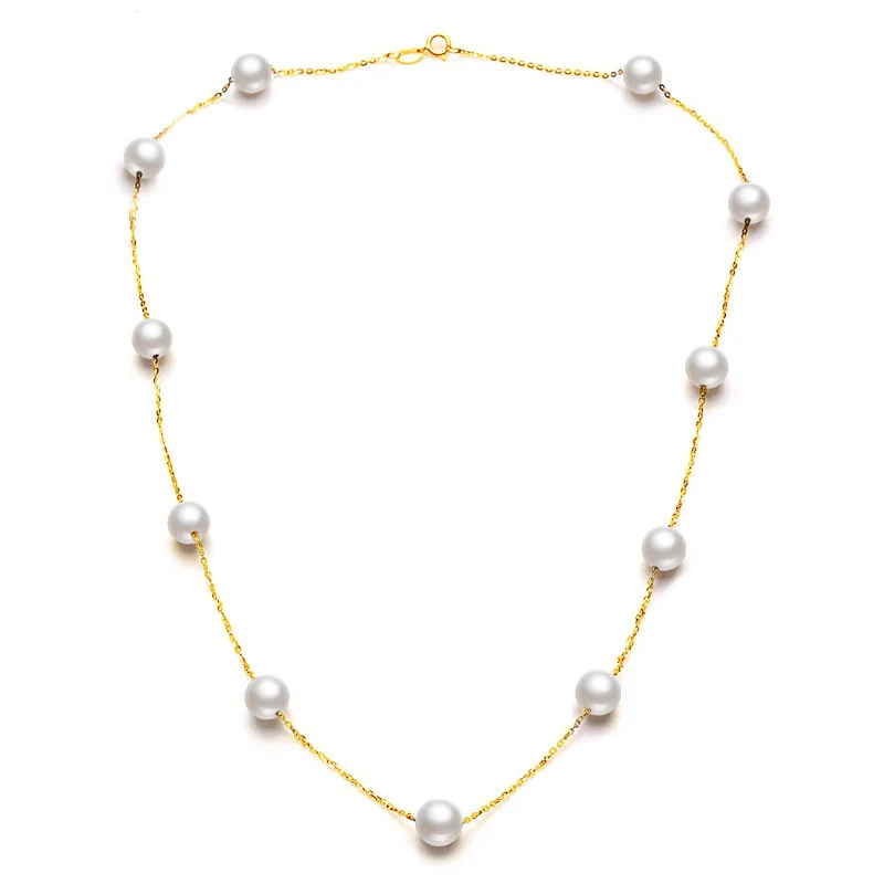 

18k Gold Necklace Chain With White Natural Round Pearl Women,Freshwater Pearl Necklace Engagement Gift