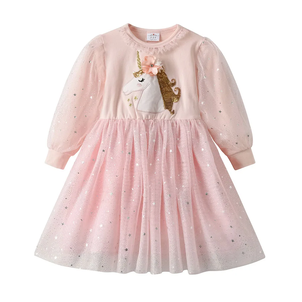 DXTON Princess Girls Dress Patchwork Long Sleeve Toddler Dresses Autumn Kids Birthday Gift Sequin Unicorn Girls Dress Clothing